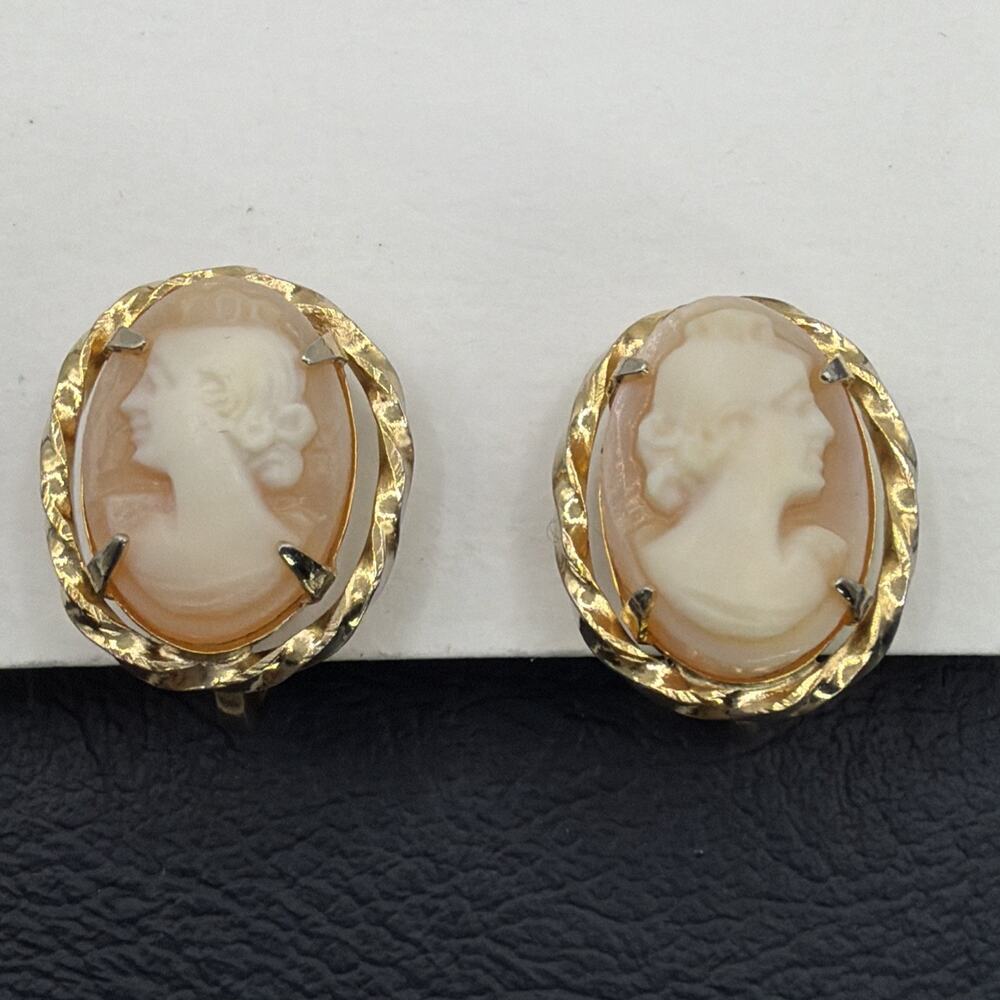 Vintage Carved Shell Cameo Clip On Earrings 12K Gold Filled GF Portrait Estate